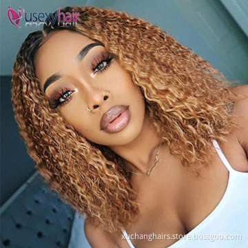 Usexy transparent lace wigs pre-plucked bob lace frontal pixie curls wigs kinky curly brazilian ombre colored bob human hair Wig